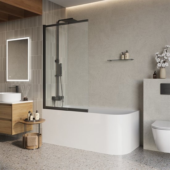 BELBAGNO Luce Шторка на ванну ширина 100 см профиль - черный / стекло - прозрачное, двери распашные, стекло 6 мм LUCE-VF-11-100/145-C-NERO - фото 228912