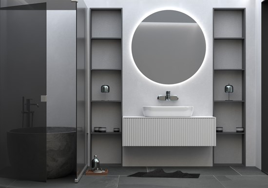 SANVIT  Рольф 1 Тумба под раковину подвесная для ванной комнаты, 1 выдвижной ящик, 3D фасады  с  механизмом плавного закрывания Push to open (Столешница -90 Ханекс S-008 и накладная раковина 281A) - фото 233830