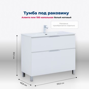 AQUANET Тумба под раковину напольная Алвита New 100 напольная, белый матовый AQUANET-344135 - фото 265068