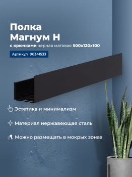 AQUANET Полка Магнум Н 50x12 черная матовая, с крючками AQUANET-341533 - фото 283545