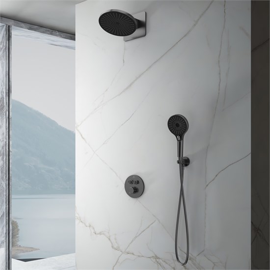 VINCEA Душевой комплект Inspire VSFW-3I22MT5GM встраиваемый, термостат, двухрежимный, вороненая сталь VSFW-3I22MT5GM - фото 322574