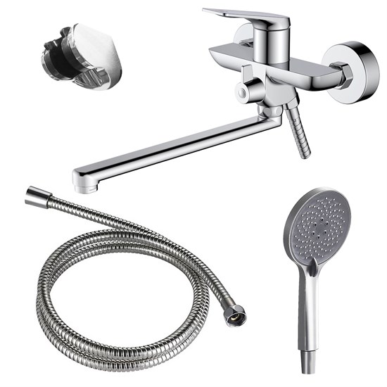 AZARIO Смеситель для ванны Lursy керамический картридж, длинный излив, с ручным душем, шланг 150 см, хром (AZ-K1749) AZ-K1749