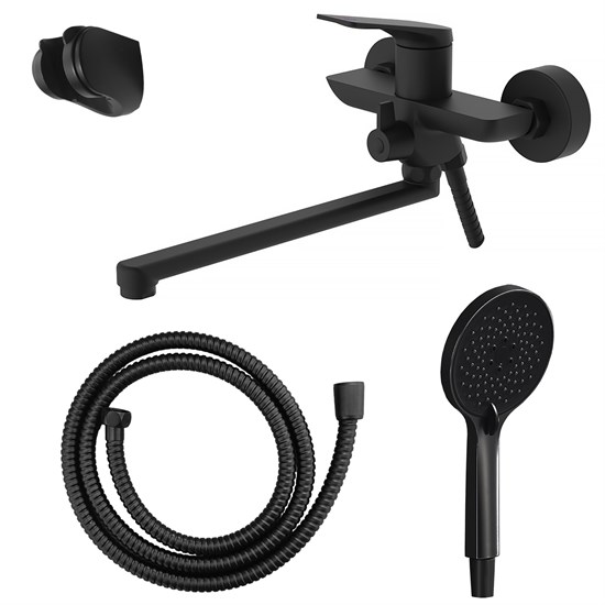 AZARIO Смеситель для ванны Lursy керамический картридж, длинный излив, с ручным душем, шланг 150 см, черный матовый (AZ-K1749B) AZ-K1749B