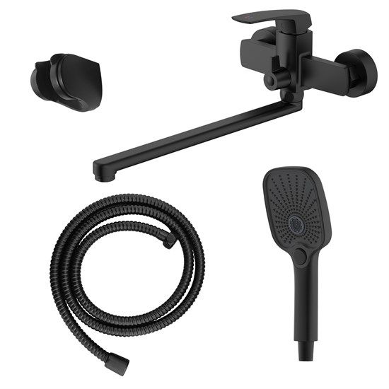 AZARIO Смеситель для ванны Conda керамический картридж, длинный излив, с ручным душем, шланг 150 см, черный матовый (AZ-K1711B) AZ-K1711B