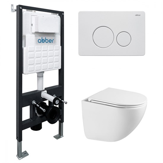 ABBER Комплект подвесной унитаз Bequem AC1131TC белый, с закрытым дном с инсталляцией AC0105 и кнопкой AC0121MW белая матовая AC1131TC-AC0105-AC0121MW