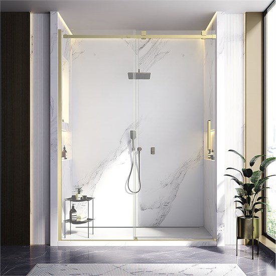 VECONI Душевая дверь раздвижная Vianno VN-75G, 1600x2000, золото брашинг, стекло прозрачное VN75G-160-01-C4