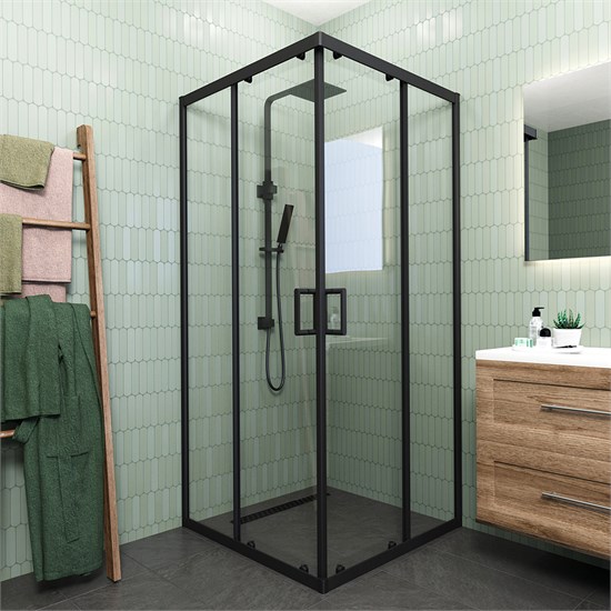 VECONI Душевой угол квадратный, двери раздвижные Rovigo RV-13, 900x900x1950, черный, стекло прозрачное RV13-90-01-C5