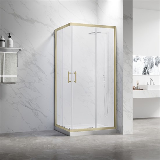 VECONI Душевой угол квадратный, двери раздвижные Rovigo RV-27G, 900x900x1900, золото брашинг, прозрачное стекло RV27G-9090-01-C8
