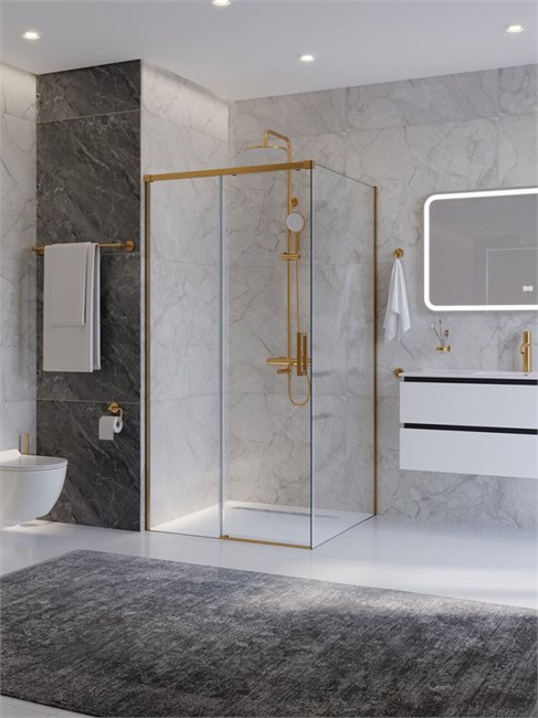 CEZARES Plane Душевой уголок квадратный двери раздвижные размер 100x100 см, профиль - брашированное золото / стекло - прозрачное PLANE-A-1-100-C-BORO