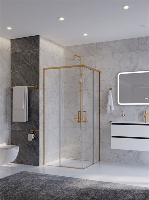 CEZARES Plane Душевой уголок квадратный двери раздвижные размер 100x100 см, профиль - брашированное золото / стекло - прозрачное PLANE-A-2-100-C-BORO