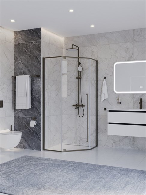 CEZARES Plane Душевой уголок пятиугольный двери распашные размер 90x90 см, профиль - оружейная сталь / стекло - прозрачное PLANE-P-1-90-C-GM