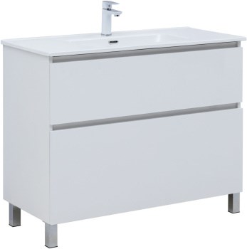 AQUANET Тумба с раковиной Вега 100 (Flat) напольная 2 ящ. цв. белый глянец AQUANET-345379