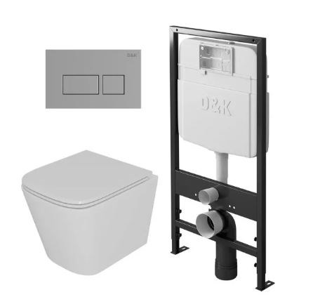 DK Комплект Унитаз подвесной безободковый D&K Berlin DT1436016, 490*340*350мм, сиденье микролифт, белый+Инсталляция рамная скрытого монтажа D&K DI8055119, 550*100*1190мм, для подвесного унитаза, универсальная+Клавиша смыва D&K Berlin DB1439001, хром DS1431605
