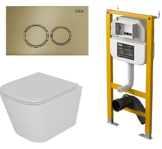 DK Комплект Унитаз подвесной  безободковый D&K Berlin DT1436016+Инсталляция рамная скрытого монтажа D&K DI8050127, 500*117*1270мм, для подвесного унитаза+Клавиша смыва D&K Bayern DB1529007, матовое золото DS1431630