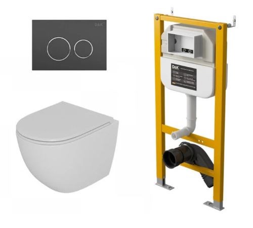 DK Комплект Унитаз подвесной безободковый D&K Matrix DT1396016+Инсталляция рамная скрытого монтажа D&K DI8050127, 500*117*1270мм, для подвесного унитаза+Клавиша смыва D&K Bayern DB1529006, графит DS1391621