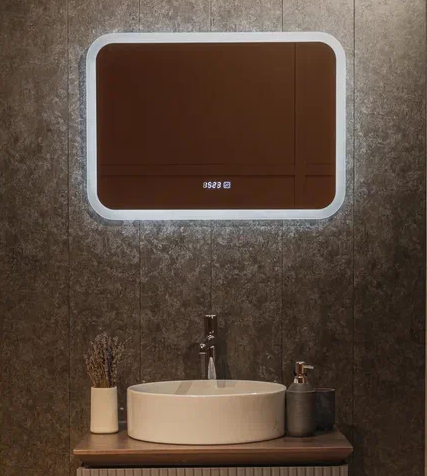 AZARIO Зеркало Стив Лайт- 700*500 - 4 LED-00002835 открытая подсветка, cенсорный выключатель, часы LED-00002835