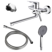 AZARIO Смеситель для ванны Lursy керамический картридж, длинный излив, с ручным душем, шланг 150 см, хром (AZ-K1749) AZ-K1749