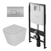 DK Комплект Унитаз подвесной безободковый Berlin DT1436016, 490*340*350мм, сиденье микролифт, белый+Инсталляция рамная скрытого монтажа DI8055119, 550*100*1190мм, для подвесного унитаза, универсальная+Клавиша смыва Quadro DB1519002, матовый хром DS1431604