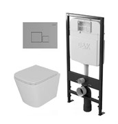 DK Комплект Унитаз подвесной безободковый (торнадо) D&K Berlin DT1436516, 490*340*350мм, сиденье микролифт, белый+Инсталляция рамная скрытого монтажа D&K DI8055119, 550*100*1190мм, для подвесного унитаза, универсальная+Клавиша смыва D&K Quadro DB1519001, DS1431612